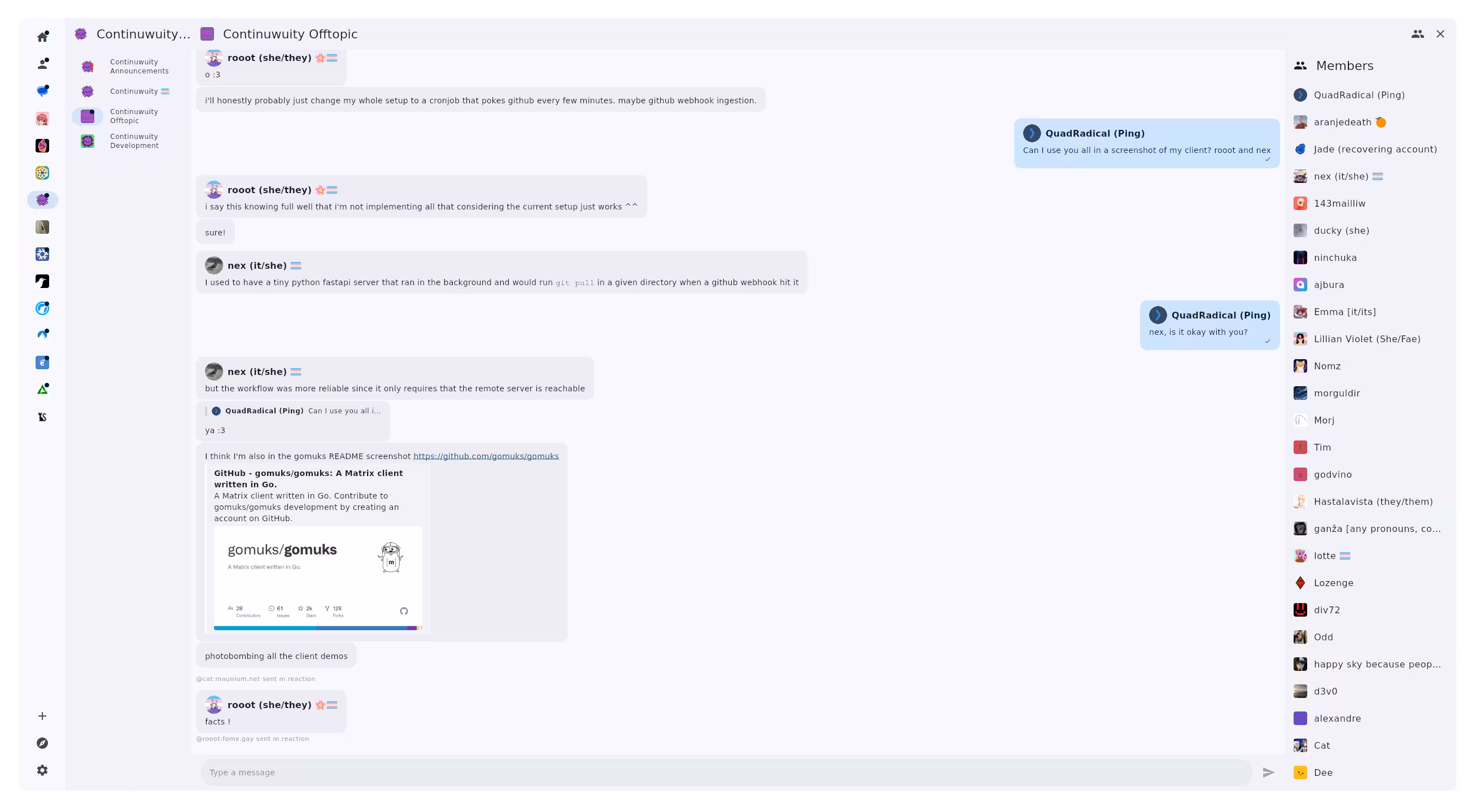 A screenshot of the Nexus Matrix client which currently has the continuwuity room open. It is using light mode